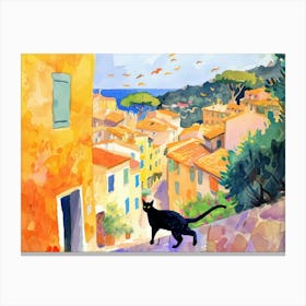 Cannes, France   Cat In Street Art Watercolour Painting 4 Canvas Print