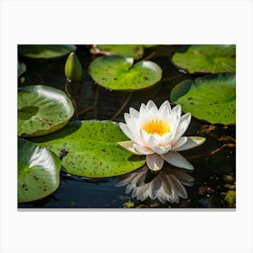 Closeup Of A Round White Water Lily Bloom Floating On A Sunny Summer Pond Vibrant Green Leaves And Canvas Print