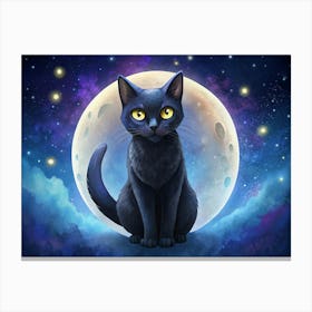 Black Cat With Yellow Eyes In Front Of The Full Moon Canvas Print