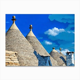 Trulli Houses in Italy. The image showcases a close-up view of several traditional Trulli houses, characterized by their distinctive conical roofs made of dry-stacked limestone. The roofs are adorned with whitewashed finials, adding a touch of elegance to the rustic architecture. The houses are bathed in warm sunlight, casting soft shadows on the stonework. 1 Canvas Print