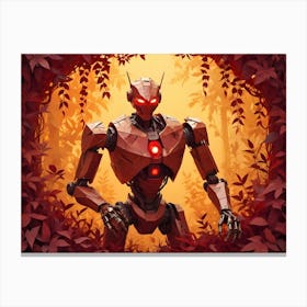 A Powerful Red Robot With Glowing Eyes Stands In A Circular Opening Of A Dense Forest With Vibrant Red Foliage Canvas Print