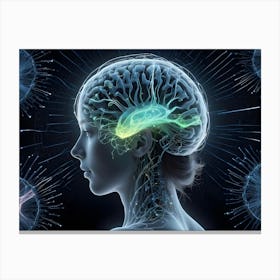 Side Profile Of A Female Head With A Transparent, Glowing Brain Showing Neural Activity And Surrounding Neurons Canvas Print