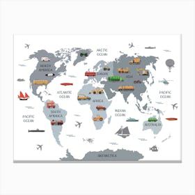 Transport World Map For Kids Canvas Print