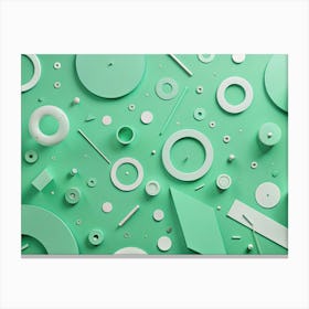 Flat Lay Composition Of Various Geometric Shapes In Mint Green And White, Scattered On A Matching Green Background Canvas Print