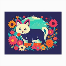 Cat In Flowers Illustration Canvas Print