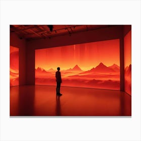 Abstract Digital Image Of A Room With Three Large Screens Displaying A Fiery, Red Landscape With Vertical Beams Of Light, Creating A Dramatic And Futuristic Atmosphere Canvas Print