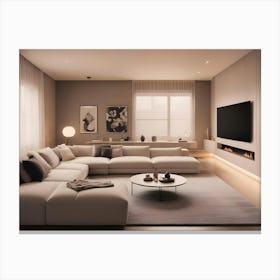 Modern Living Room Interior With A Large Sofa, A Coffee Table, A Fireplace, And Ambient Lighting Canvas Print