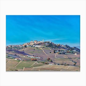 Langhe Rolling Vineyards in Early Spring. Langhe, Italy. An aerial view of beautifully contoured vineyards, showcasing rows of neatly planted vines stretching across rolling hills. The alternating shades of green and earthy tones create a mesmerizing pattern, highlighting the precision and artistry of vineyard cultivation. This serene landscape captures the essence of rural life in a wine-producing region. 1 Canvas Print