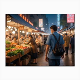 Young Man Walking Through A Night Market Canvas Print