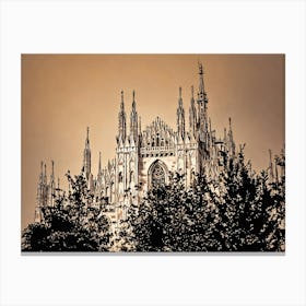 Gothic Cathedral Facade of Duomo of Milan. Cattedrale Metropolitana della Natività della Beata Vergine Maria. The image showcases a detailed close-up of a grand Gothic cathedral facade, rendered in a stylized, almost cartoon-like manner. The building is constructed from light-colored stone, featuring intricate carvings, pointed arches, and numerous windows with stained glass. Canvas Print