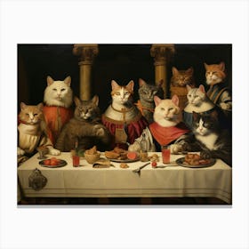 Romanesque Painting Inspired Cats At A Banquet Canvas Print