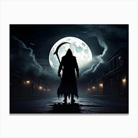 Silhouette Of A Sinister Reaper Scythe Raised Standing Against A Backdrop Of A Full Moon On Hallow (2) Canvas Print