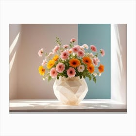 A Bouquet Of Orange And Pink Gerbera Daisies In A White, Geometric Vase Canvas Print