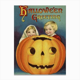 Boy And Girl Hiding Behind A Big Carved Pumpkin, With The Best Halloween Wishes Canvas Print