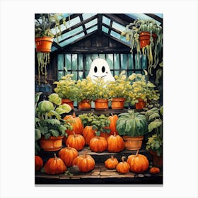 Cute Bedsheet Ghost, Botanical Halloween Watercolour 23 Canvas Print