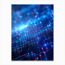 Abstract Digital Background With Blue And Pink Glowing Lines, Dots, And Grid Patterns Against A Dark Background, Creating A Sense Of Depth And Perspective Canvas Print