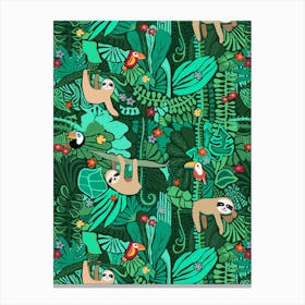 Happy Sloths in Bold Green Jungle Trees Canvas Print