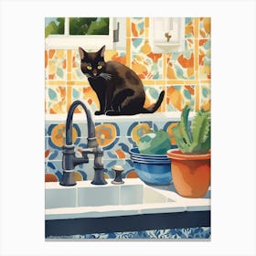 Black Cat In The Kitchen Sink, Mediterranean Style 1 Canvas Print
