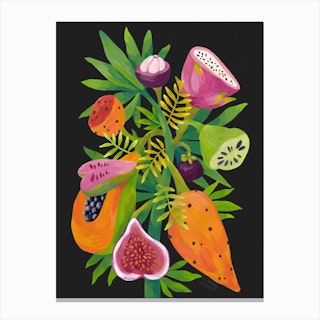 Exotic Fruits On Black Background Canvas Print
