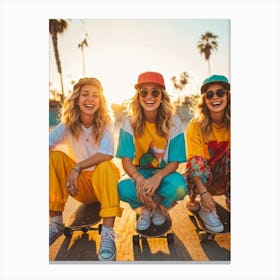 A Joyous Group Of Three Caucasian Female Skateboarders Hipster In Style Smiling Radiantly Sitting Canvas Print