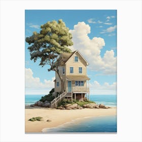 Little Beach House And Tree Draw Art Print 1 Canvas Print