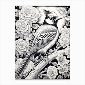 B&W Bird Linocut Blue Jay 2 Canvas Print