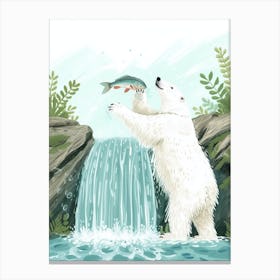 Polar Bear Catching Fish In A Waterfall Storybook Illustration 3 Canvas Print