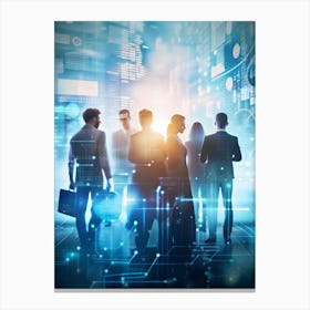 Silhouettes Of Business Professionals Against A Backdrop Of A Futuristic City With Glowing Lines, Data Streams, And Graphs Canvas Print