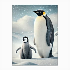 A High Resolution Image Of An Emperor Penguin Standing Next To Its Chick On A Snowy Landscape Canvas Print