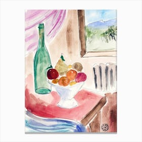 Fruits And Bottle - watercolor hand painted vertical food still life kitchen art dining Canvas Print