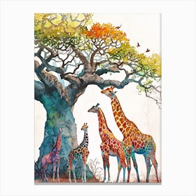 Giraffe Herd Under The Tree Watercolour 2 Canvas Print