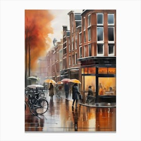 Amsterdam cafes, autumn season, rain, autumn oil colours.Faded colours,People passing on the street, winter clothes, rain umbrellas.9 1 Canvas Print