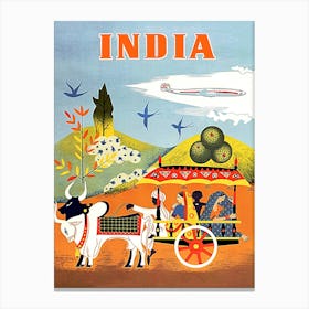 India, Family In Traditional Carriage, Vintage Travel Poster Canvas Print