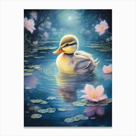 Duckling Swimming In The Pond In The Moonlight Pencil Illustration 2 Canvas Print
