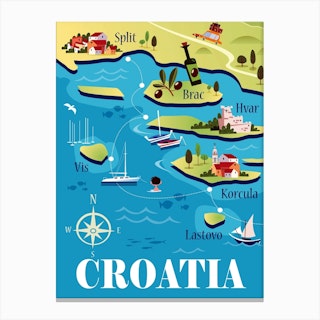 Croatia Illustrated Map Poster Blue & Green Canvas Print