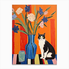 Irises Flower Vase And A Cat, A Painting In The Style Of Matisse 0 Canvas Print