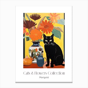 Cats & Flowers Collection Marigold Flower Vase And A Cat, A Painting In The Style Of Matisse 0 Canvas Print