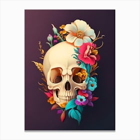 Skull With Tattoo Style Artwork Primary 2 Colours Vintage Floral Canvas Print