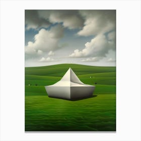 White Boat In A Green Field Canvas Print