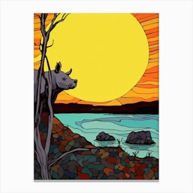 Linework Illustration With Rhino By The Sunset 4 Canvas Print