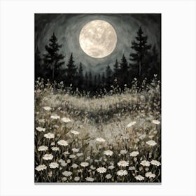 Full Moon Amongst Wildflowers | Witchy Magical Print | Neutral Tones Country Art Pagan Scenery for Feature Wall Decor Meadow Painting in HD Canvas Print