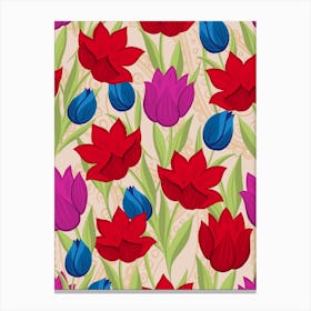 Red Stylised Floral In Beige Canvas Print