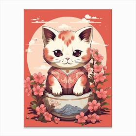 Kawaii Cat Drawings Cherry Blossom Flowers Canvas Print