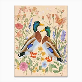 Folksy Floral Animal Drawing Duck Canvas Print