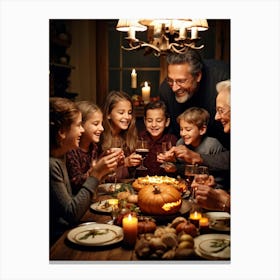 Candid Style Photo Of A Family Gathering Around A Thanksgiving Dinner Table Just Before The Prayer (3) Canvas Print