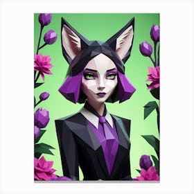 Low Poly Floral Fox Girl, Green (5) Canvas Print