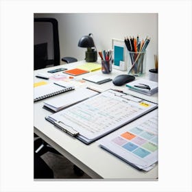 An Office Desk Laden With A Plethora Of Items Signifying A Chronically Busy Future Including Numerou Canvas Print