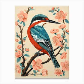 Vintage Bird Linocut Kingfisher 4 Canvas Print