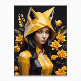 Low Poly Floral Fox Girl, Black And Yellow (23) Canvas Print
