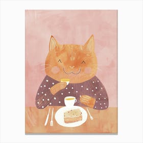 Tan Cat Having Breakfast Folk Illustration 2 Canvas Print